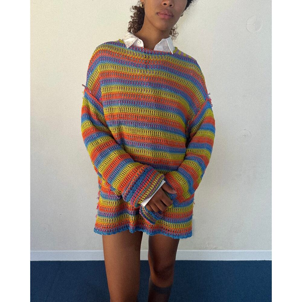 YanYan Float Oversized Rainbow Mesh Knit crochet Crewneck fisherman net Sweater